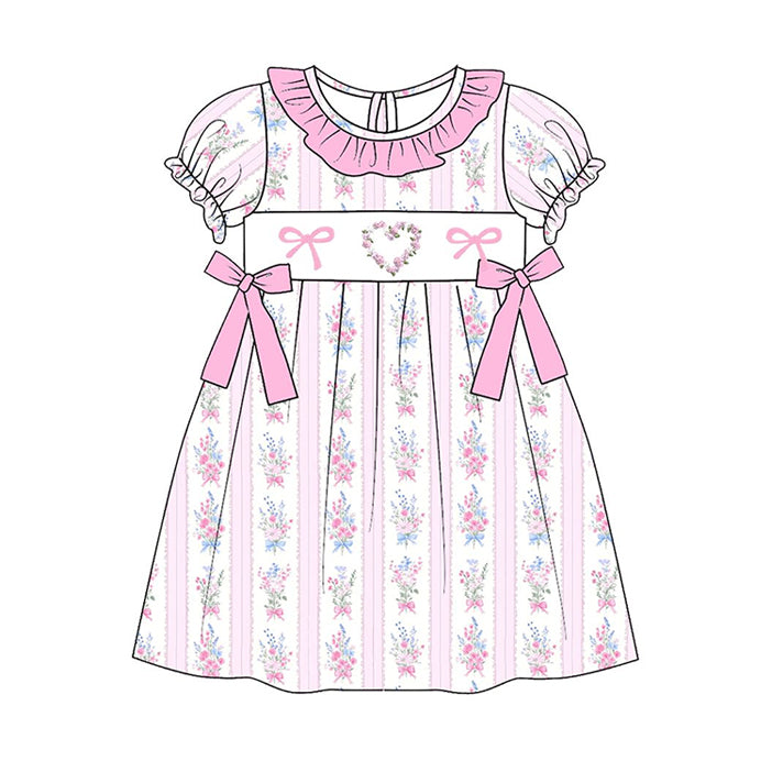 11.8 GSD3078 Pre order No Moq Baby Girls Pink Flowers Hearts Stripe Bows Valentine Knee Length Dress