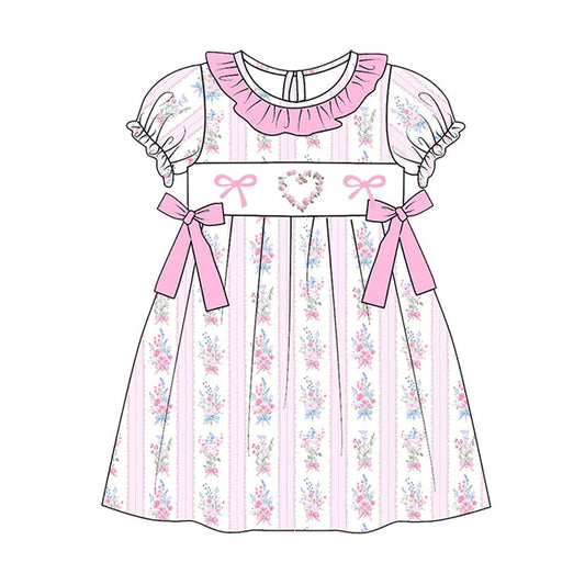 11.8 GSD3078 Pre order No Moq Baby Girls Pink Flowers Hearts Stripe Bows Valentine Knee Length Dress