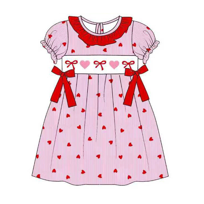 11.8 GSD3079 Pre order No Moq Baby Girls Red Hearts Stripe Bows Valentine Knee Length Dress