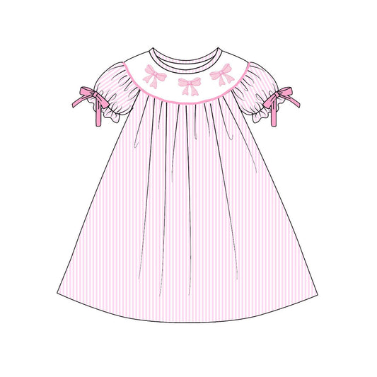 11.8 GSD3080 Pre order No Moq Baby Girls Pink Stripe Bows Valentine Knee Length Dress
