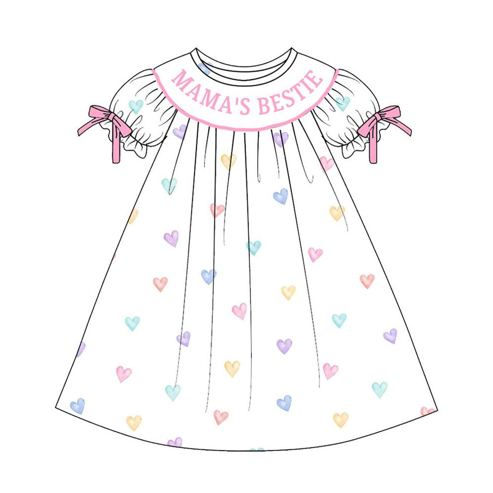 11.8 GSD3082 Pre order No Moq Baby Girls Short Ruffle Sleeve Colorful Hearts Mama's Bestie Knee Length Dress