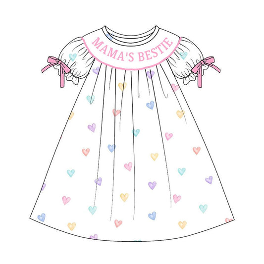 11.8 GSD3082 Pre order No Moq Baby Girls Short Ruffle Sleeve Colorful Hearts Mama's Bestie Knee Length Dress
