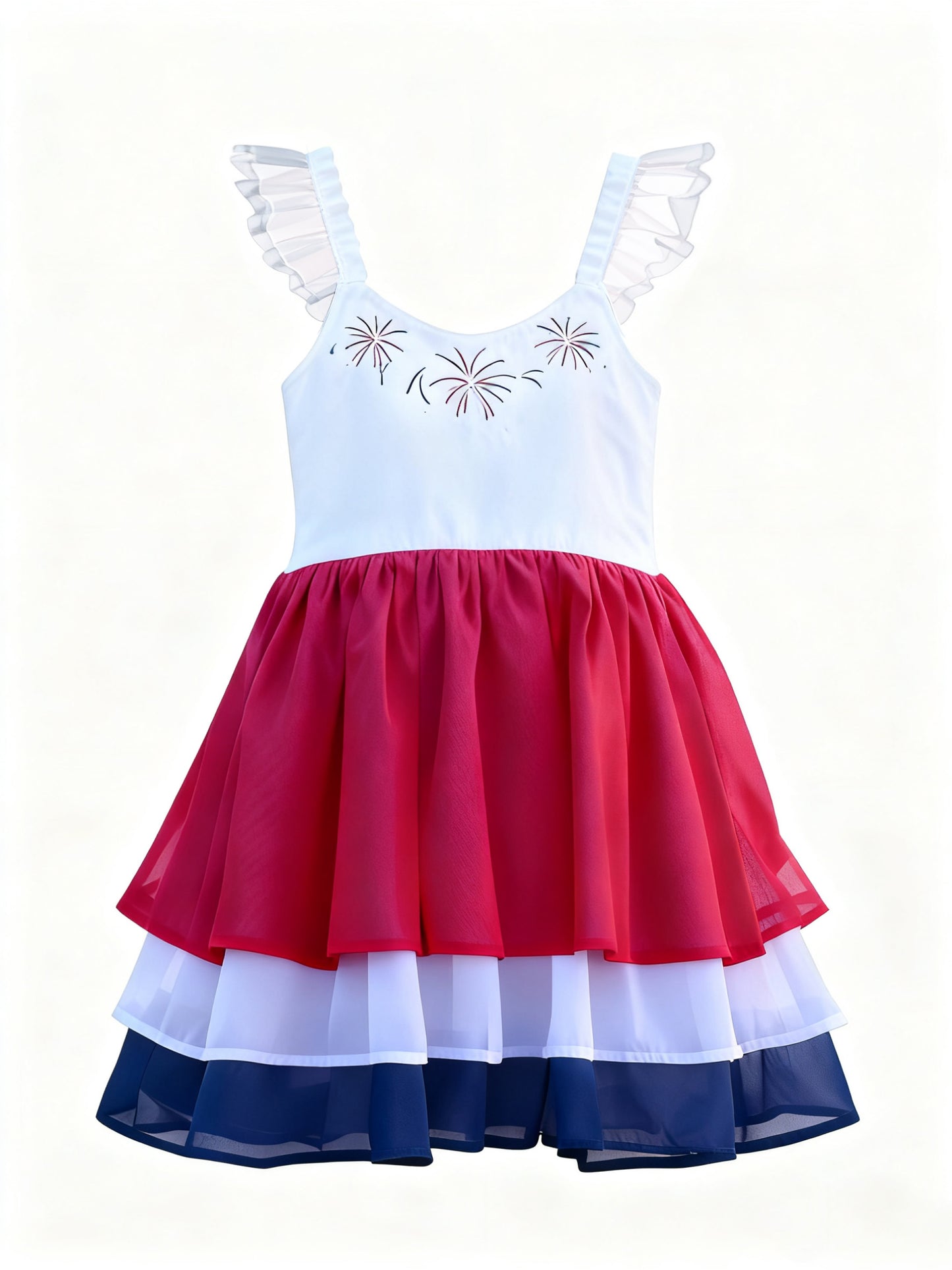 11.8 GSD3084 Pre order No Moq Baby Girls Flutter Sleeve Fireworks July 4th Ruffle Knee Length Dress