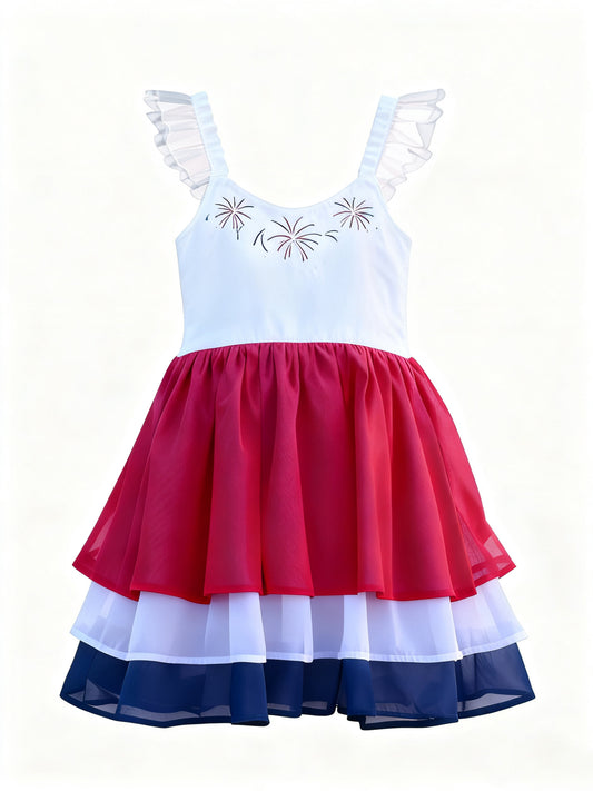 11.8 GSD3084 Pre order No Moq Baby Girls Flutter Sleeve Fireworks July 4th Ruffle Knee Length Dress