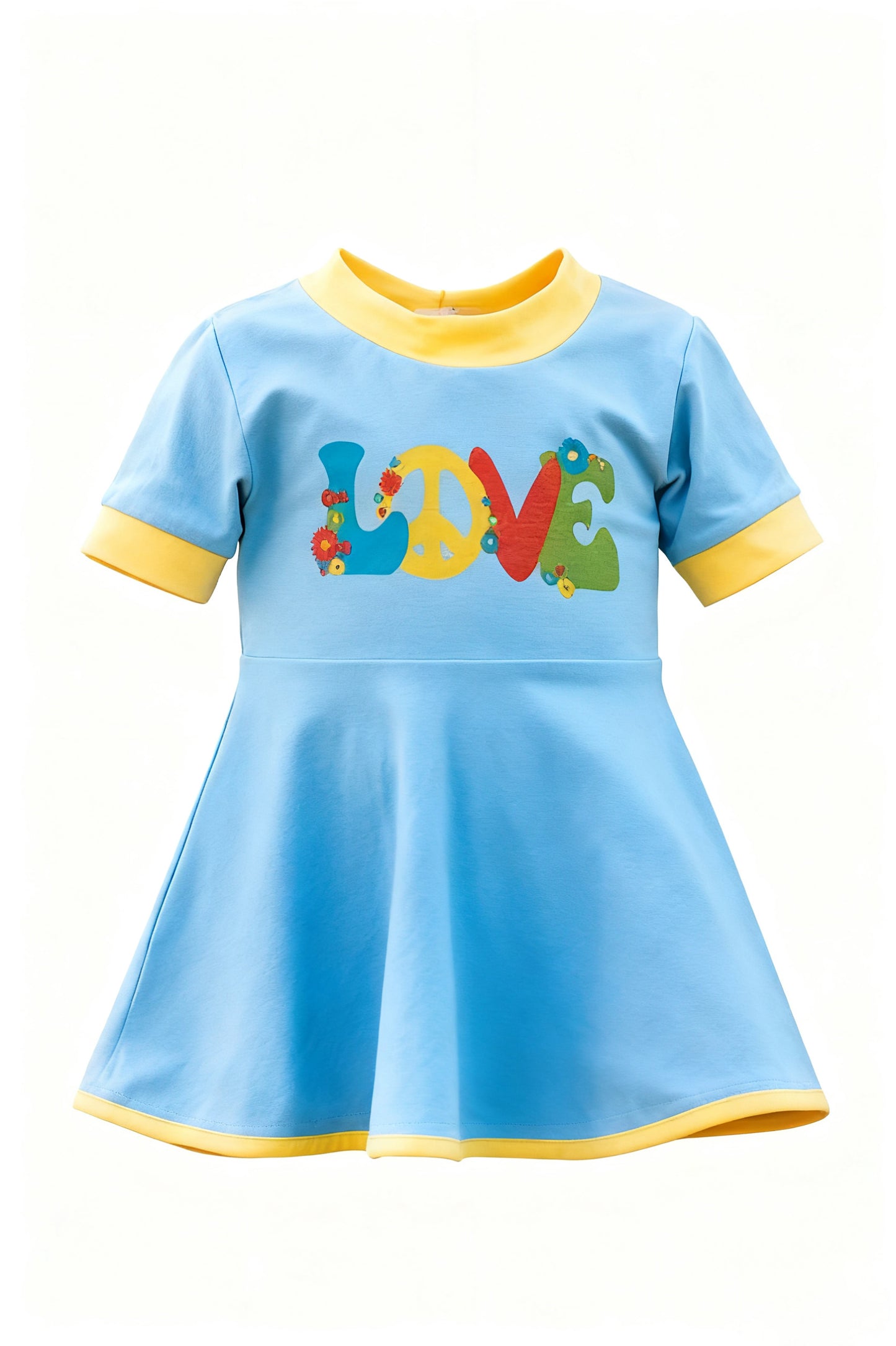 11.8 GSD3085 Pre order No Moq Baby Girls Blue Short Sleeve LOVE Flowers Valentine Knee Length Dress