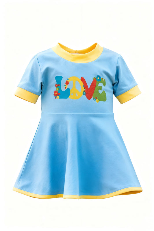 11.8 GSD3085 Pre order No Moq Baby Girls Blue Short Sleeve LOVE Flowers Valentine Knee Length Dress