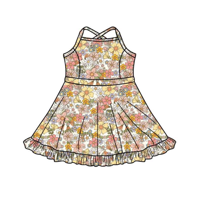 11.11 GSD3087 Pre order No Moq Yoga fabric Baby Girls Strap Flowers Yoga Shorts Ruffle Knee Length Dresses