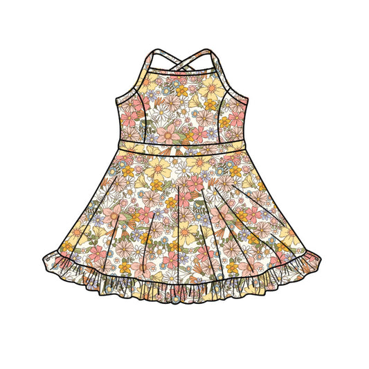 11.11 GSD3087 Pre order No Moq Yoga fabric Baby Girls Strap Flowers Yoga Shorts Ruffle Knee Length Dresses