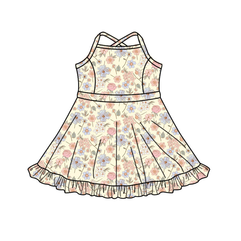 11.11 GSD3088 Pre order No Moq Yoga fabric Baby Girls Strap Flowers Yoga Shorts Ruffle Knee Length Dresses