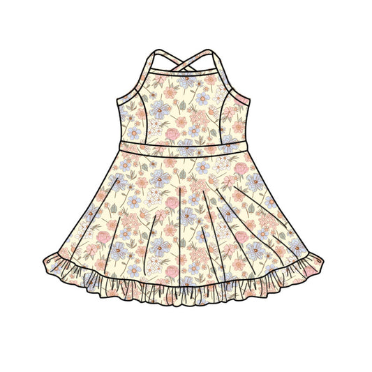 11.11 GSD3088 Pre order No Moq Yoga fabric Baby Girls Strap Flowers Yoga Shorts Ruffle Knee Length Dresses