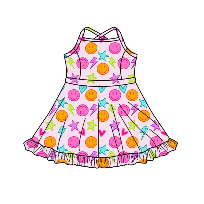 11.11 GSD3089 Pre order No Moq Yoga fabric Baby Girls Strap Smiles Hearts Yoga Shorts Ruffle Knee Length Dresses