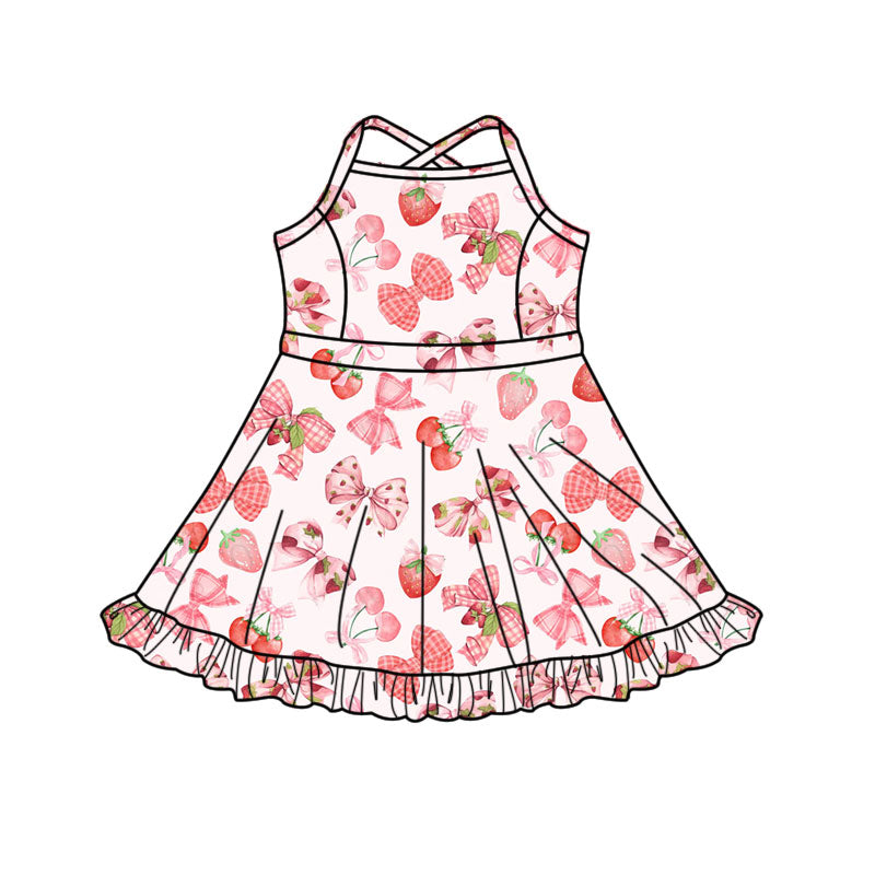 11.11 GSD3090 Pre order No Moq Yoga fabric Baby Girls Bows Strawberry Yoga Shorts Ruffle Knee Length Dresses