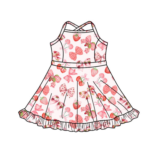 11.11 GSD3090 Pre order No Moq Yoga fabric Baby Girls Bows Strawberry Yoga Shorts Ruffle Knee Length Dresses
