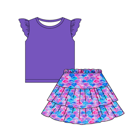 11.11 GSD3091 Pre order No Moq Baby Girls Purple Flutter Sleeve Mermaid Skirts Clothes Sets