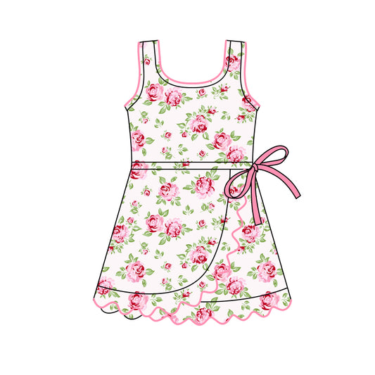 11.12 GSD3093 Pre order No Moq Yoga fabric Baby Girls Sleeveless Pink Flowers Shorts Yoga Ruffle Knee Length Dresses