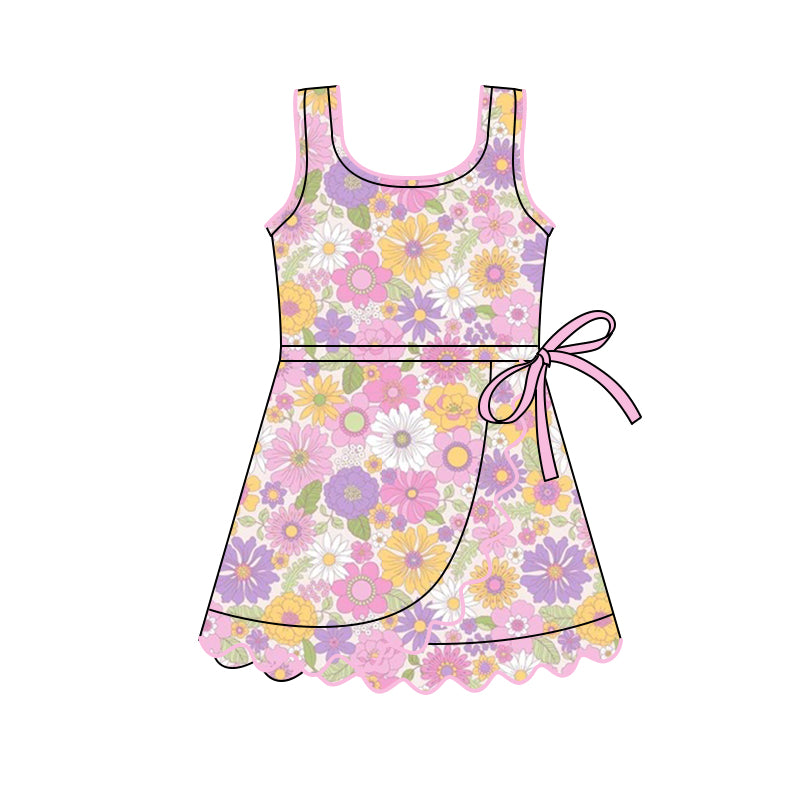 11.12 GSD3095 Pre order No Moq Yoga fabric Baby Girls Sleeveless Colorful Flowers Shorts Yoga Ruffle Knee Length Dresses
