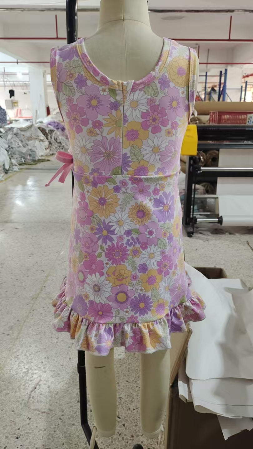 11.27 GSD3095 Sample No Moq Yoga fabric Baby Girls Sleeveless Colorful Flowers Shorts Yoga Ruffle Knee Length Dresses