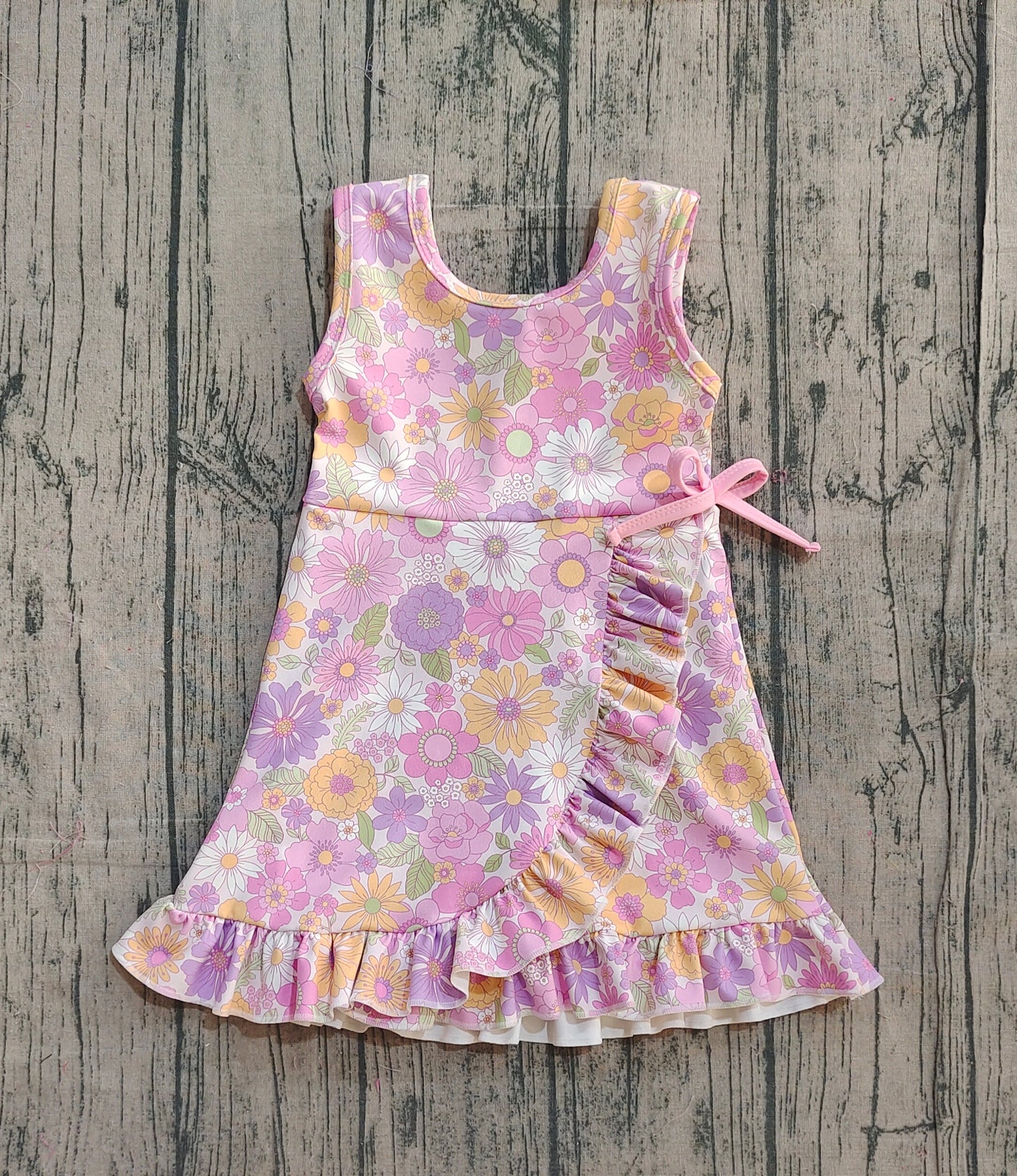 11.27 GSD3095 Sample No Moq Yoga fabric Baby Girls Sleeveless Colorful Flowers Shorts Yoga Ruffle Knee Length Dresses