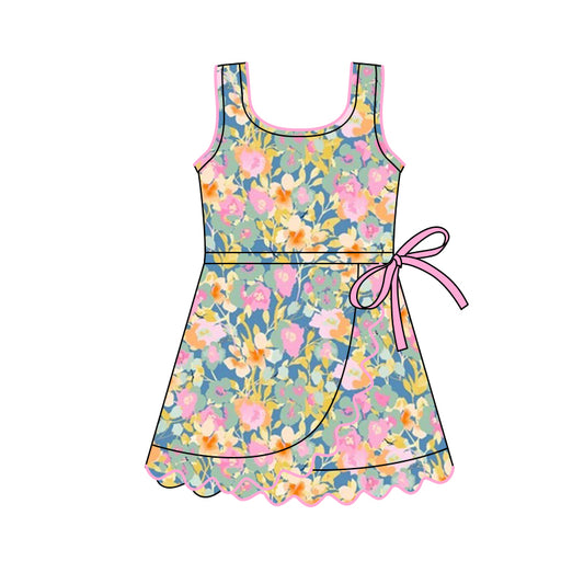 11.12 GSD3096 Pre order No Moq Yoga fabric Baby Girls Sleeveless Colorful Flowers Shorts Yoga Ruffle Knee Length Dresses