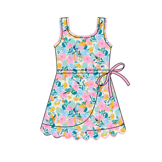 11.12 GSD3097 Pre order No Moq Yoga fabric Baby Girls Sleeveless Colorful Flowers Shorts Yoga Ruffle Knee Length Dresses
