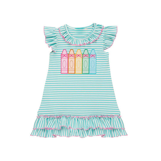 11.12 GSD3104 Pre order No Moq Baby Girls Stripe Bows Pencils Back to School Ruffle Knee Length Dresses