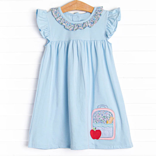 11.13 GSD3118 Pre order No Moq Baby Girls Blue Floral Collar Back to School Bags Apple Knee Length Dresses