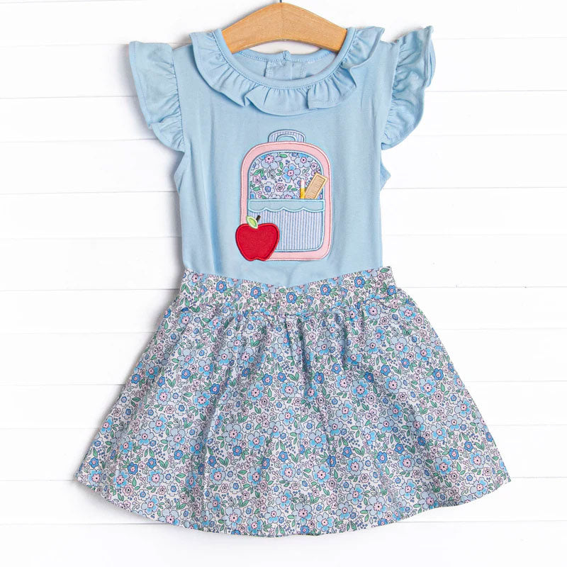 11.13 GSD3119 Pre order No Moq Baby Girls Blue Collar Back to School Bags Apple Top Skirts Clothes Set