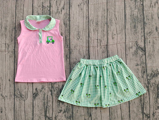 12.23 GSD3120 Sample No Moq Embroidery Golf Trucks Baby Girls Button Top Checked Skirt Shorts Clothes Sets