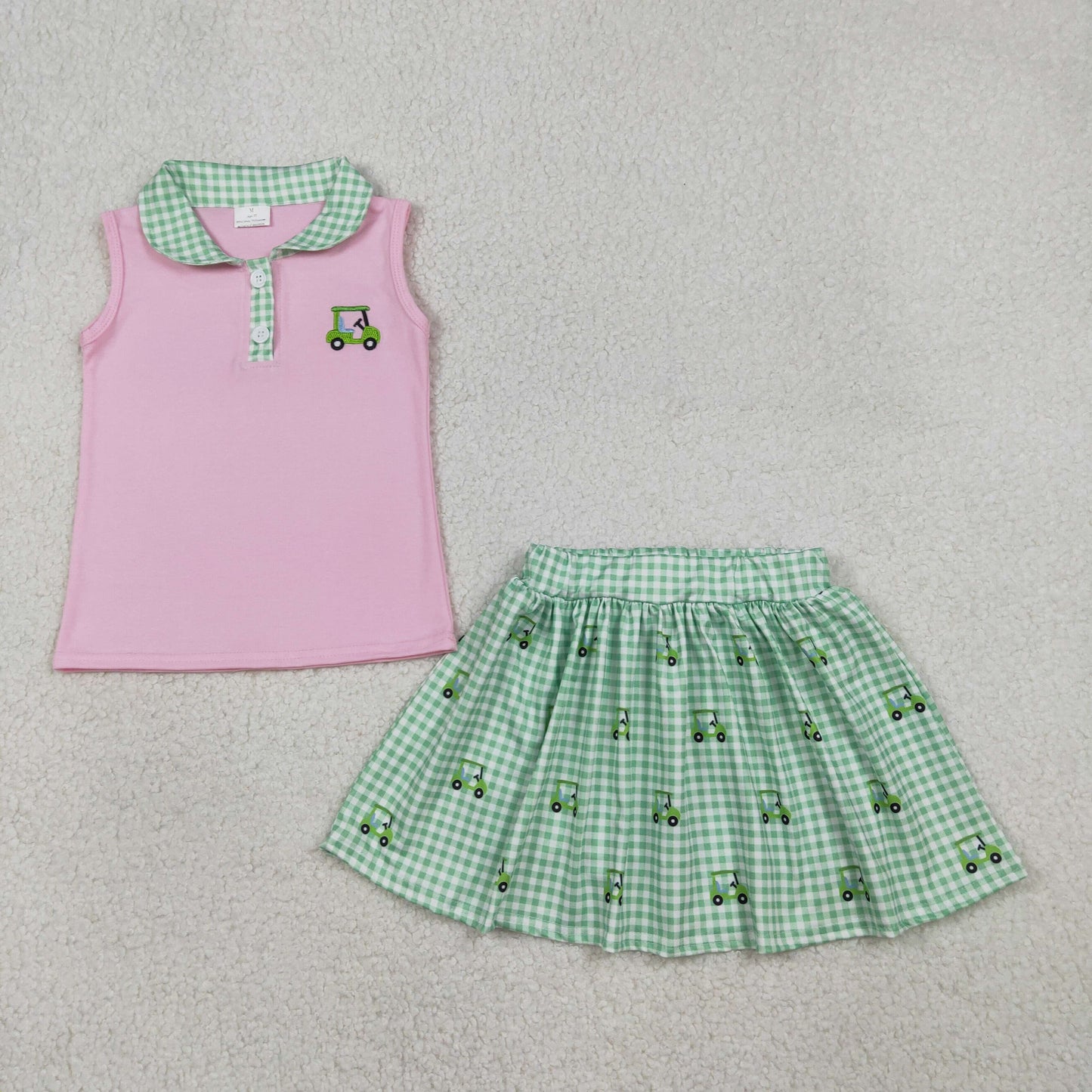 1.16 RTS NO MOQ （In stock）GSD3120 Embroidery Golf Trucks Baby Girls Button Top Checked Skirt Shorts Clothes Sets