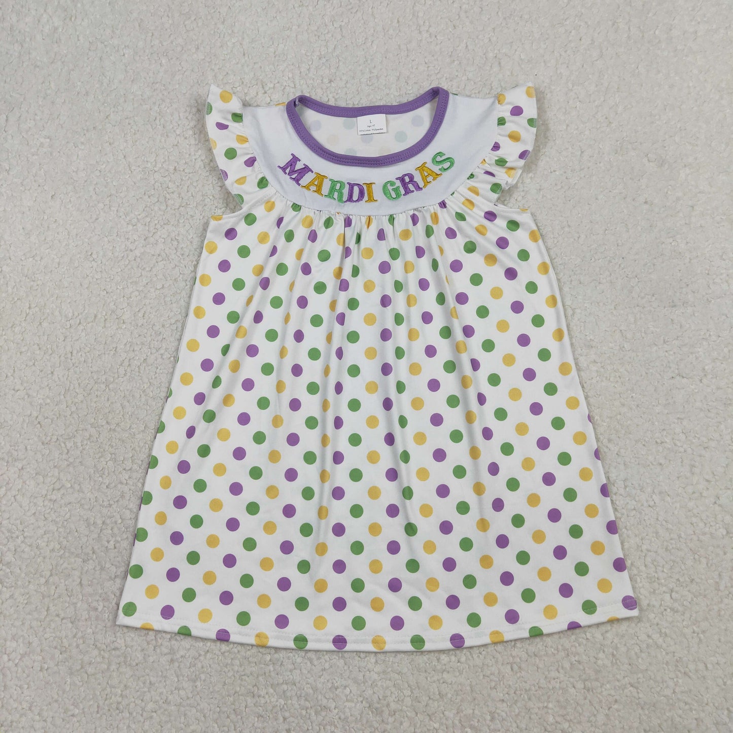 1.20 RTS NO MOQ （In stock）GSD3122 Embroidery Mardi Gras Baby Girls Flutter Sleeve Polka Dots Knee Length Dresses
