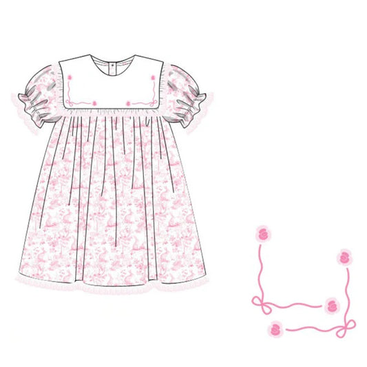 11.15 GSD3126 Pre order No Moq Baby Girls Pink Floral Rabbits Bows Easter Knee Length Dresses