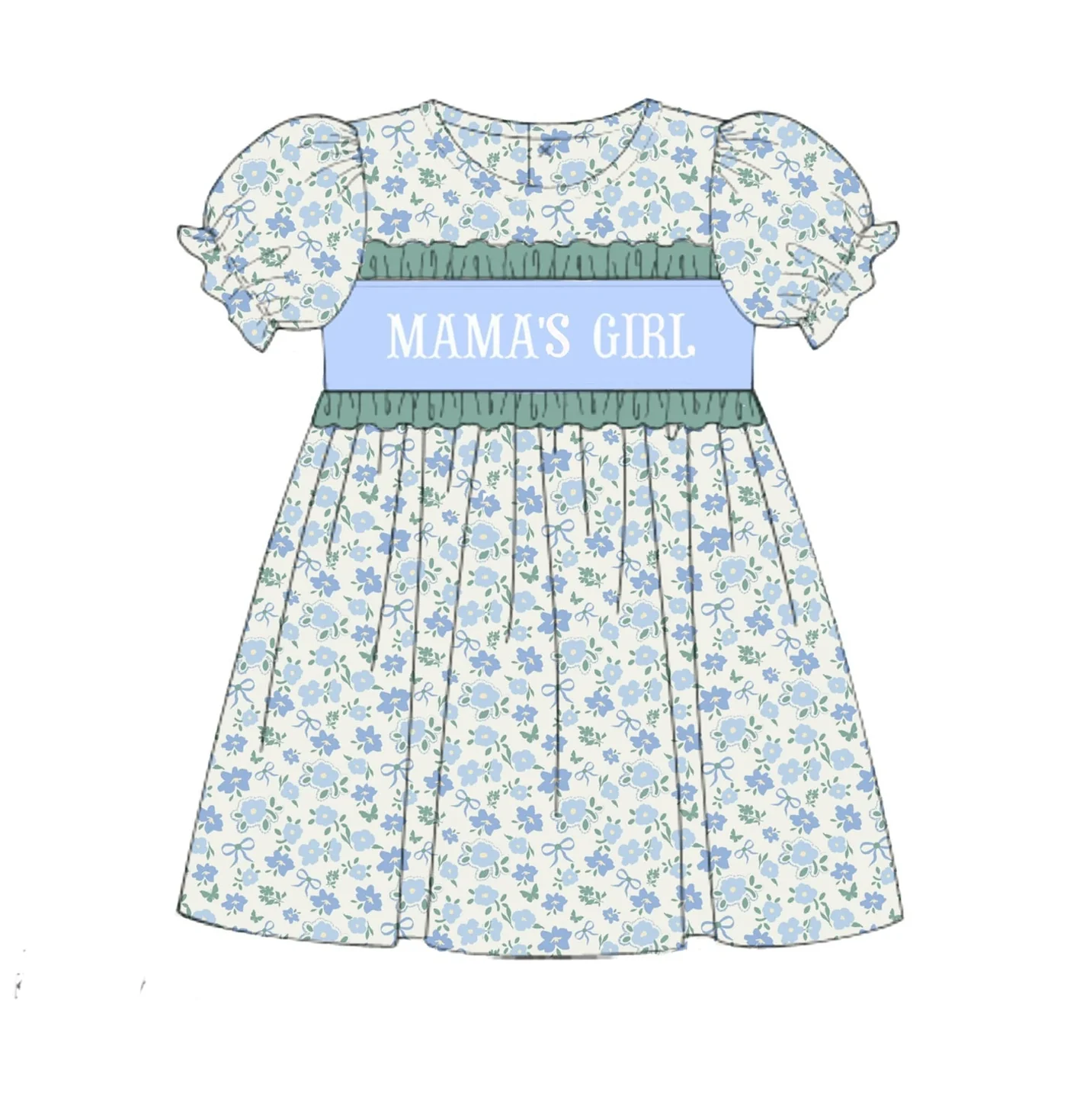 11.15 GSD3128 Pre order No Moq Baby Girls Blue Flowers Bows Mama's Girl Knee Length Dresses