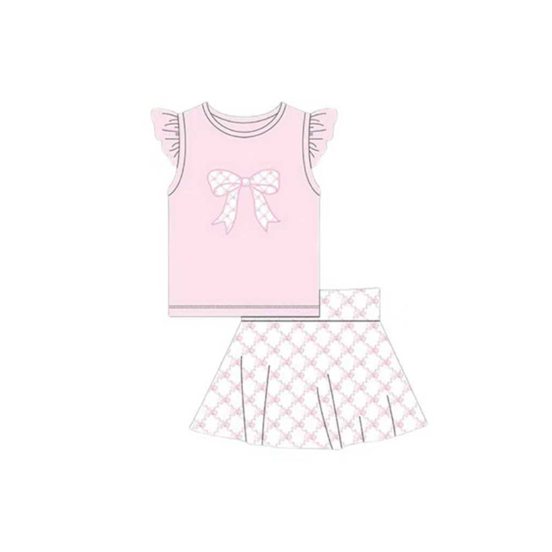 11.15 GSD3133 Pre order No Moq Baby Girls Pink Bows Top Checked Skirt Shorts Clothes Sets