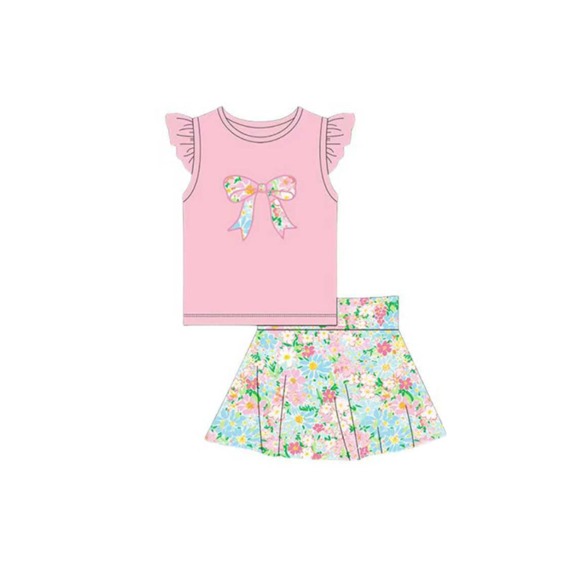 11.15 GSD3134 Pre order No Moq Baby Girls Pink Floral Bows Top Skirt Shorts Clothes Sets