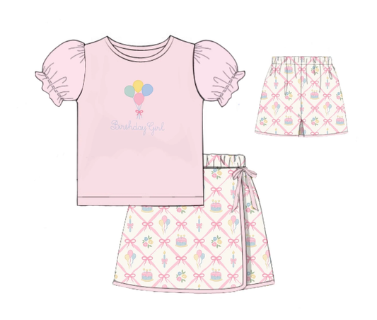 11.15 GSD3135 Pre order No Moq Baby Birthday Girl Balloons Top Checked Skirt Shorts Clothes Sets