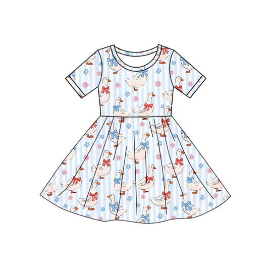 11.18 GSD3138 Pre order No Moq Baby Girls Blue Stripe Flowers Bows Gooses Knee Length Dresses