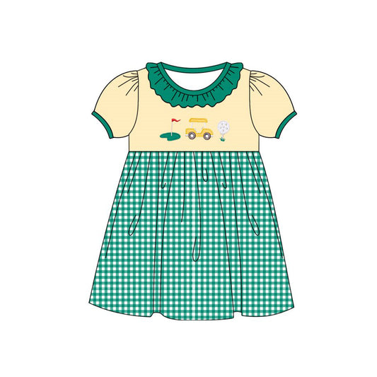 11.18 GSD3139 Pre order No Moq Baby Girls Golf Trucks Green Checked Collar Knee Length Dresses