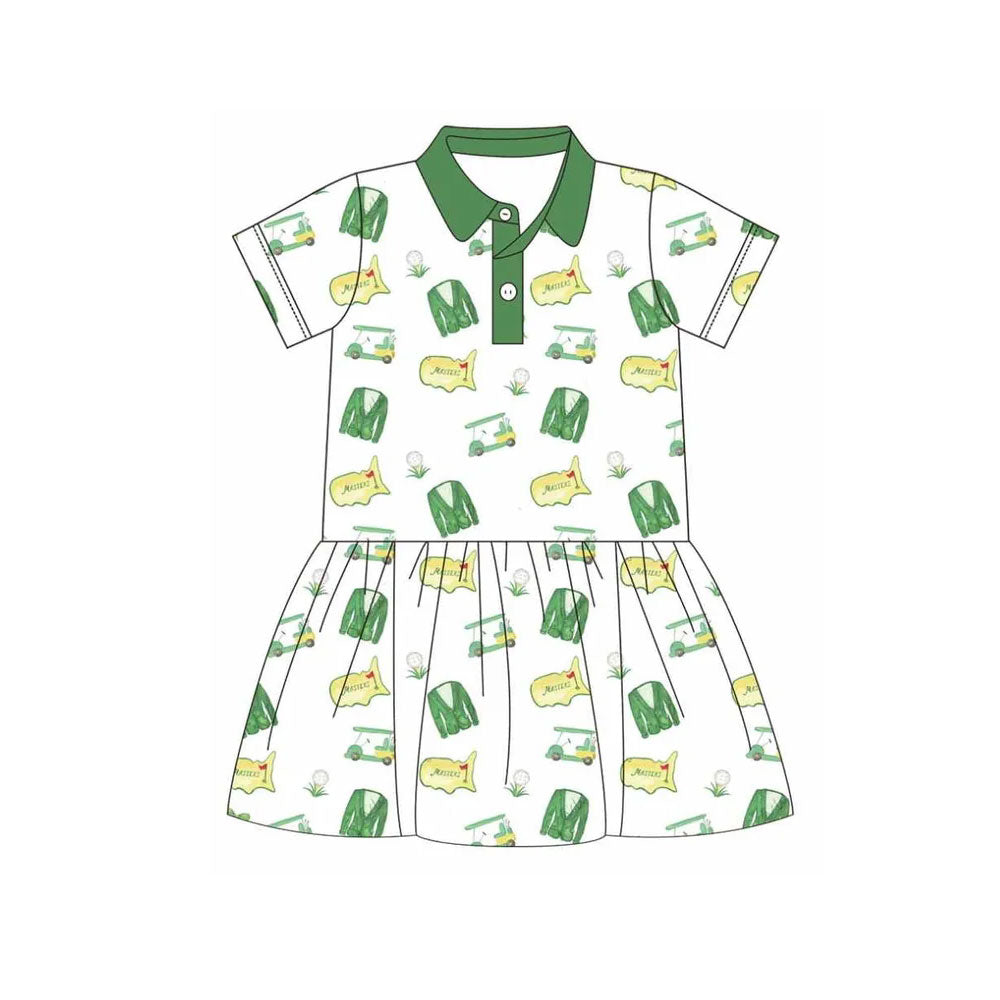 11.18 GSD3141 Pre order No Moq Baby Girls Green Golf Trucks Button Knee Length Dresses