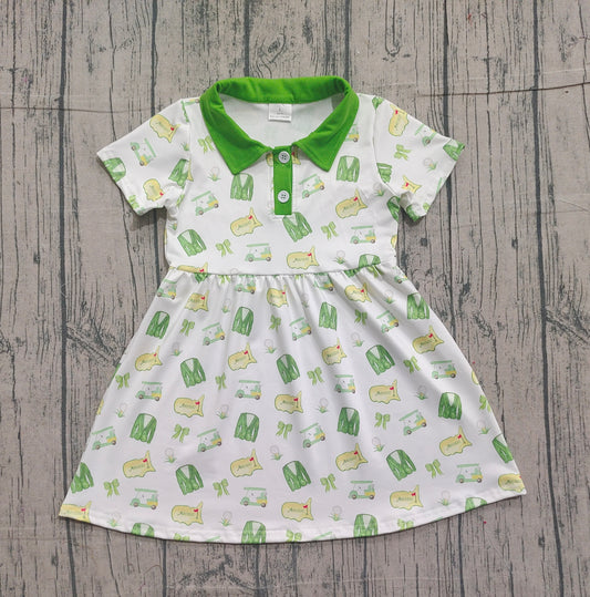 12.8 GSD3141 Sample No Moq Baby Girls Green Golf Trucks Button Knee Length Dresses