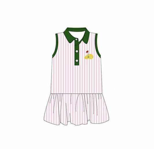 11.18 GSD3142 Pre order No Moq Baby Girls Pink Stripe Golf Flags Button Ruffle Knee Length Dresses