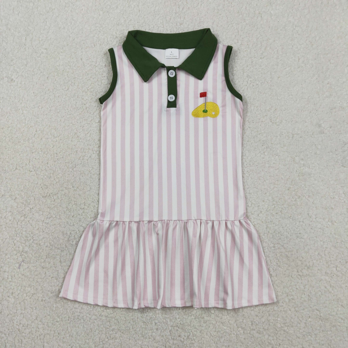 1.24 RTS NO MOQ （In stock）GSD3142 Embroidery Golf Flags Baby Girls Pink Stripe Button Knee Length Dresses
