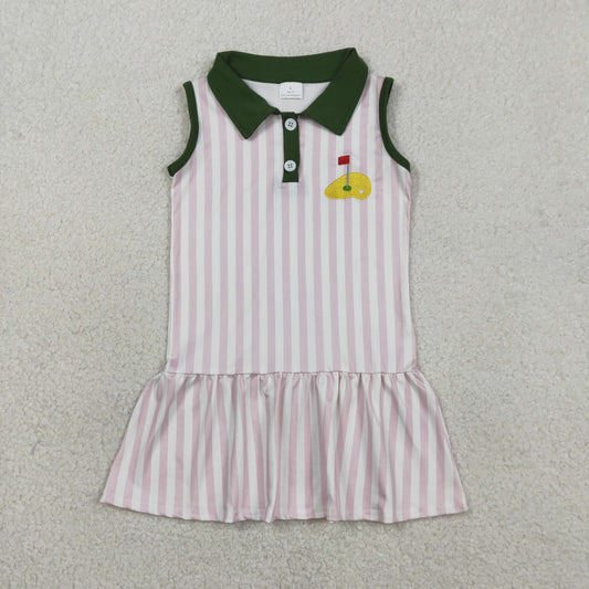 1.24 RTS NO MOQ （In stock）GSD3142 Embroidery Golf Flags Baby Girls Pink Stripe Button Knee Length Dresses
