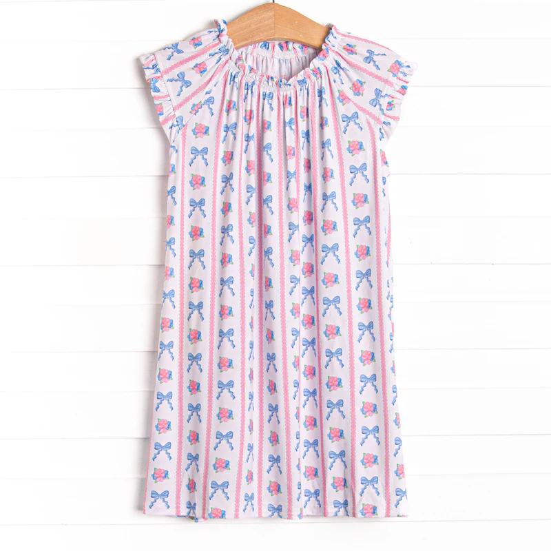 11.19 GSD3143 Pre order No Moq Baby Girls Pink Blue Bows Flowers Stripe Knee Length Dresses