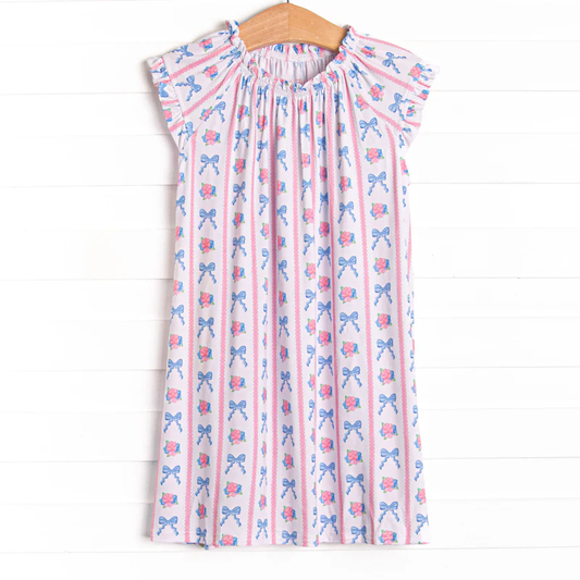 11.19 GSD3143 Pre order No Moq Baby Girls Pink Blue Bows Flowers Stripe Knee Length Dresses