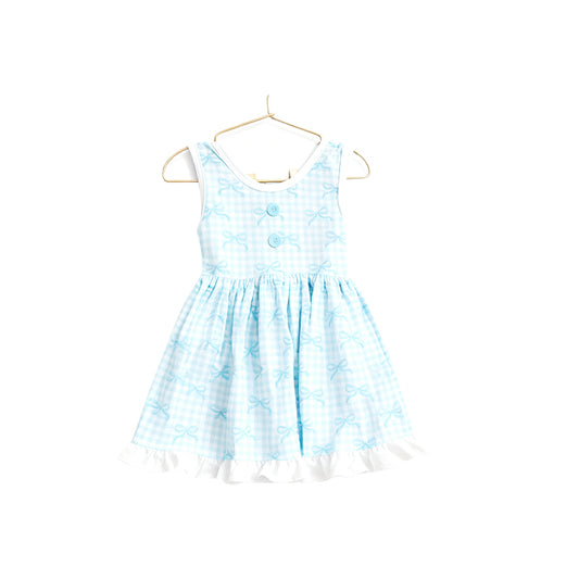 11.19 GSD3144 Pre order No Moq Baby Girls Blue Checked Bows Sleeveless Ruffle Knee Length Dresses