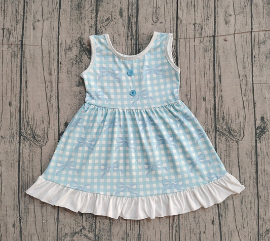 12.12 GSD3144 Pre order No Moq Baby Girls Blue Checked Bows Sleeveless Ruffle Knee Length Dresses