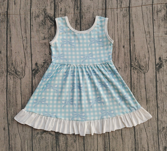 12.11 GSD3144 Pre order No Moq Baby Girls Blue Checked Bows Sleeveless Ruffle Knee Length Dresses