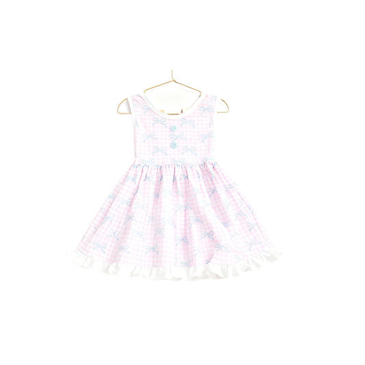 11.19 GSD3145 Pre order No Moq Baby Girls Pink Checked Bows Sleeveless Ruffle Knee Length Dresses