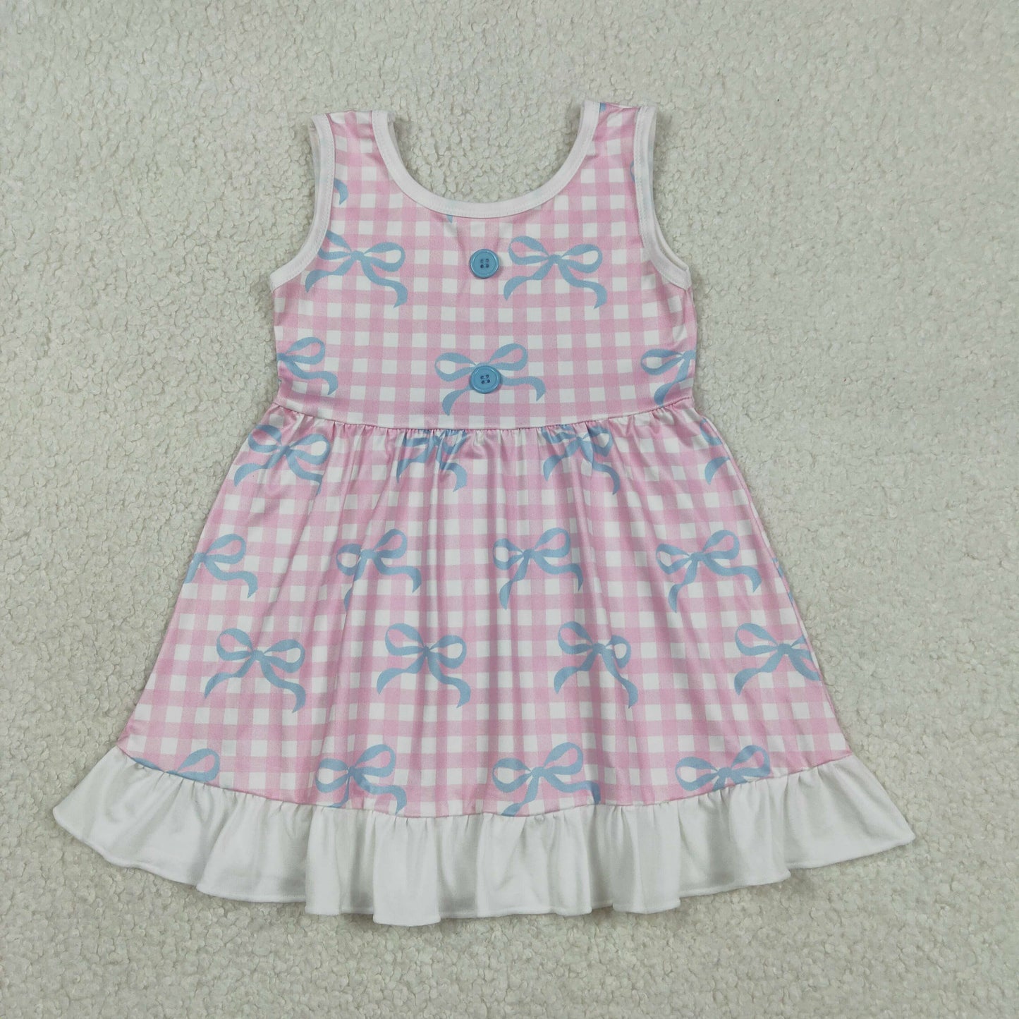 12.30 RTS NO MOQ （In stock）GSD3145 Baby Girls Bows Pink Checked Sleeveless Ruffle Knee Length Dresses