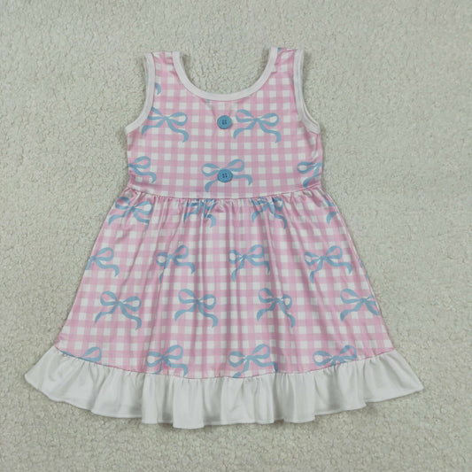 12.30 RTS NO MOQ （In stock）GSD3145 Baby Girls Bows Pink Checked Sleeveless Ruffle Knee Length Dresses